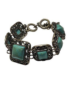 Vintage Turquoise Brass Filigree Bracelet Southwest Retro Fashion Jewelry Women